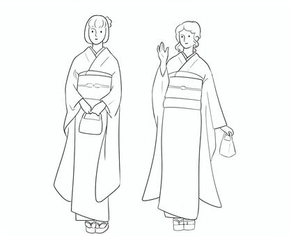 着物振袖 2人線画 着物振袖 2人線画 着物,振袖,正面,線画,成人式,初詣,パーティのイラスト素材