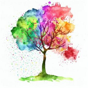 五顏六色的樹水彩插圖, 五顏六色的樹水彩插圖, 華美, 水彩, 手繪,