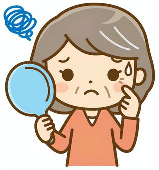 シワに悩む年配女性 しわ,シワ,ほうれい線,加齢,老化,老ける,目尻,肌,皺,白髪のイラスト素材