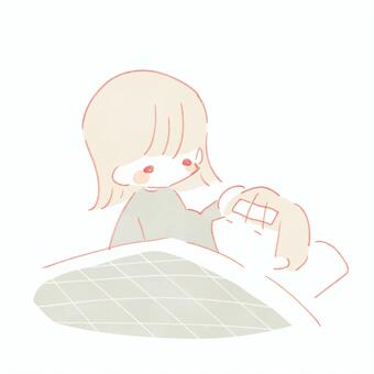 看病をする女性 看病,風邪,女,男,シンプル,ゆるい,かわいい,手描き,こども,母親のイラスト素材