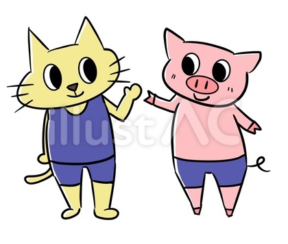 水着を着るブタと猫