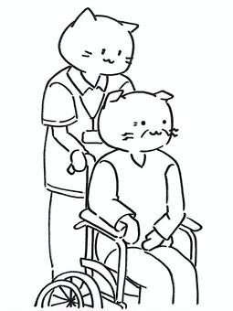 車椅子を押すねこ介護士 介護士,介護,福祉,介護施設,老人ホーム,デイサービス,介護サービス,車椅子,お年寄り,老人のイラスト素材