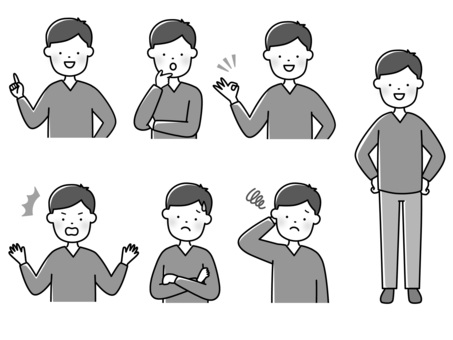 男性ポーズセット-モノクロ 男性,パパ,指差し,なるほど,顎に手,考える,オーケー,グッド,驚き,びっくりのイラスト素材