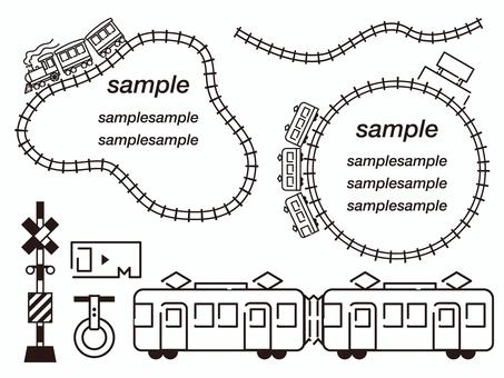 電車の線画イラストフレームセット 汽車,フレーム,電車,線路,駅,踏切,切符,手描き,遮断機,鉄道のイラスト素材