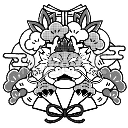 2024年 辰年 年賀状 顔パーツ 白黒