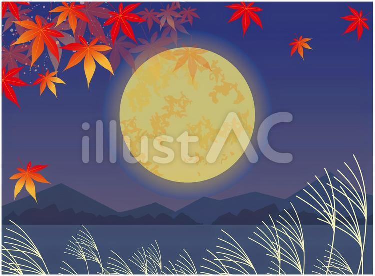 秋　お月見　紅葉　すすき　背景 秋,紅葉,月のイラスト素材