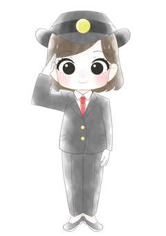 女性駅員のかわいい水彩風イラスト 女子,女性,駅員,車掌,運転士,駅係員,かわいい,ちびキャラ,ミニキャラ,鉄道のイラスト素材
