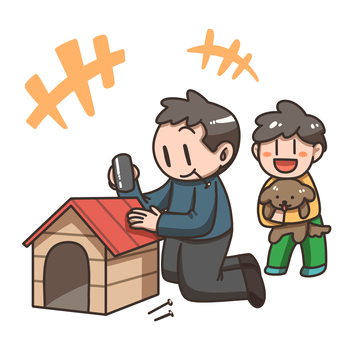 日曜大工で犬小屋を作るお父さん お父さん,男性,日曜大工,犬小屋,木材,作業,ペット,ものづくりのイラスト素材