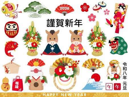 お正月素材セット（午年） 年賀状,お正月,午,馬,正月,うま,門松,しめ飾り,しめ縄,和素材のイラスト素材