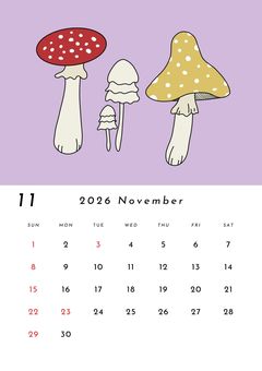2026年 11月 カレンダー 2026年,11月,カレンダー,きのこ,おしゃれ,北欧,イラスト,手描き,素材,可愛いのイラスト素材