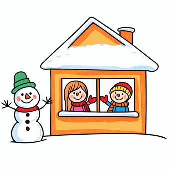 雪の日に家の窓から外を見る子どもたち2