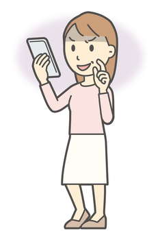  ロングヘア女性-097-全身 スマホ,悪人,女性,女の子,人物,かわいい,表情,感情,悪い,悪事のイラスト素材