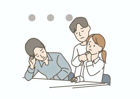 考え込むオフィスカジュアルの3人 チーム,チームワーク,協力,協働,話し合い,打ち合わせ,ミーティング,会議,相談,ディスカッションのイラスト素材