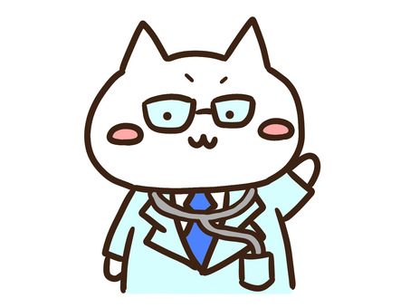 聴診器を首にかけ症状説明する医者白ねこ 医者,医師,聴診器,白衣,先生,症状,説明,眼鏡,ねこ,医療のイラスト素材