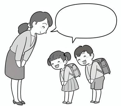 挨拶をする小学生　白黒 あいさつ,小学生,ふきだし,先生,大人,ランドセル,おじぎ,おはよう,こんにちは,ごきげんようのイラスト素材