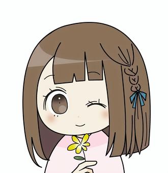 花を持つ女の子 人物,花,植物,ウインク,笑顔,野花,持つ,三つ編み,リボン,ボブヘアーのイラスト素材