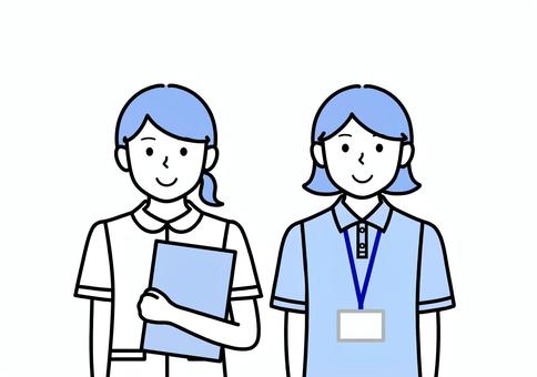 看護師とケアマネージャー・介護士の女性 看護師,介護福祉士,介護士,白衣,エプロン,福祉,医療,シンプル,ブルー,カルテのイラスト素材