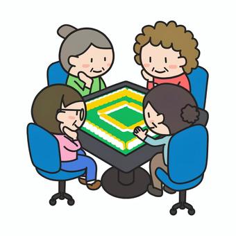 麻雀を楽しむおばあちゃんたち（四麻） 麻雀,四人麻雀,四麻,4人,麻雀卓,卓,自動麻雀卓,牌,健康麻雀,趣味のイラスト素材