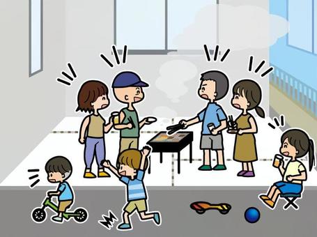 Family doing BBQ in a residential area, rodzina dróg, droga, obszar mieszkalny, JPG