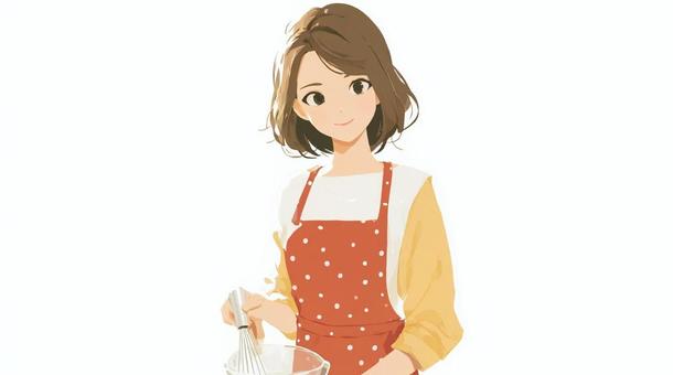水玉エプロンを着た女性