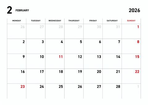 月曜始まり2026年2月カレンダーA4 カレンダー,スケジュール,印刷,横型,月曜始まり,シンプル,スタイリッシュ,月曜日,火曜日,水曜日のイラスト素材