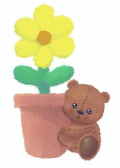 花の咲いた鉢植えとテディベアのイラスト テディベア,くま,花,かわいい,おもちゃ,ぬいぐるみ,手描き,挿絵,植物,イラストのイラスト素材