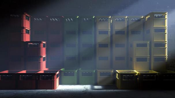 光が降り注ぐ倉庫 倉庫,瓶,光,影,静寂,壁,床,赤,緑,黄のイラスト素材