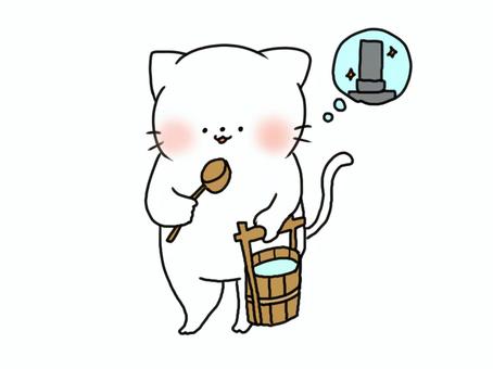 お墓参りねこ 猫,動物,哺乳類,墓参り,柄杓,桶,手書き,イラストのイラスト素材