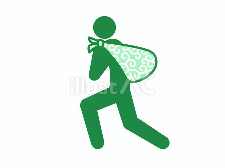 唐草模様風呂敷を背負い抜き足差し足（緑） 人,人物,ピクトグラムのイラスト素材