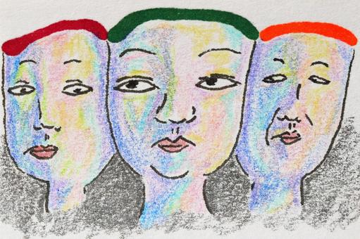 無表情の三人 三人,無表情,人物,顔,集まる,グループ,仲間,カラフル,髪型,目のイラスト素材