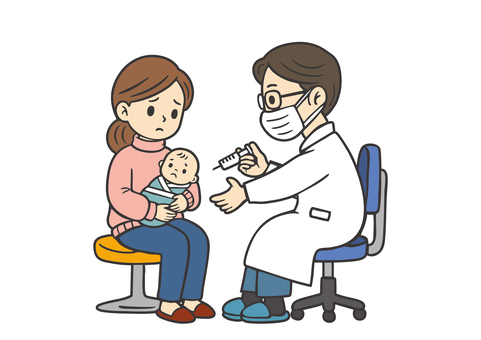 男性医師と母親と乳児患者-1-注射 医者,医師,ドクター,先生,白衣,お医者さん,研究員,病院,医療機関,医療のイラスト素材