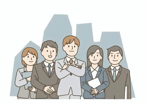 ビルを背景に立つビジネスチーム ビジネス,チームワーク,協力,仲間,グループ,スーツ,会社員,社会人,ビジネスマン,ビジネスウーマンのイラスト素材