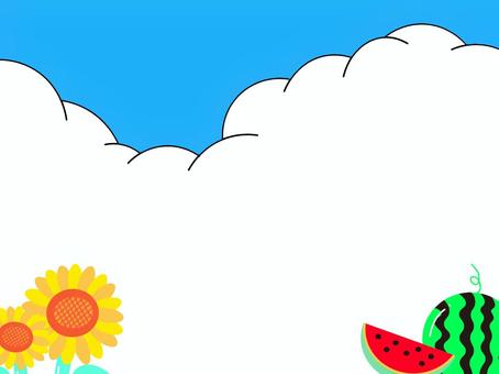 夏のイラスト　すいか　背景フレーム 夏,青空,背景,フレーム,暑中見舞い,夏休み,スイカ,ひまわり,風物詩,空のイラスト素材