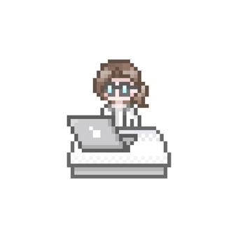 ドット絵のパソコンと白衣を着た女性 ドット絵,ピクセル,パソコン,ノートパソコン,pc,端末,オンライン,リモート,デスク,デスクワークのイラスト素材