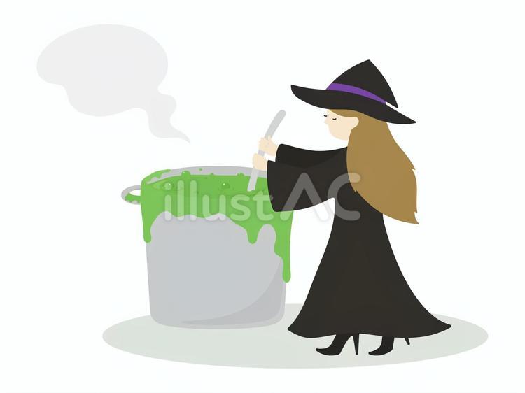 ハロウィン　鍋を混ぜる魔女　後ろ姿　黄緑 ハロウィン,魔女,ハロウィーンのイラスト素材