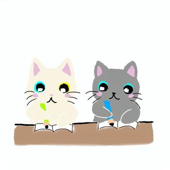 書いている猫 勉強,宿題,お絵描き,ゆるい,猫,ノート,鉛筆,イラストのイラスト素材
