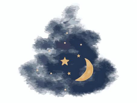 絵本タッチの夜空の水彩アイコン 夜空,星,月,三日月,夜,ワンポイント,シンボル,モチーフ,紺色,水彩画のイラスト素材