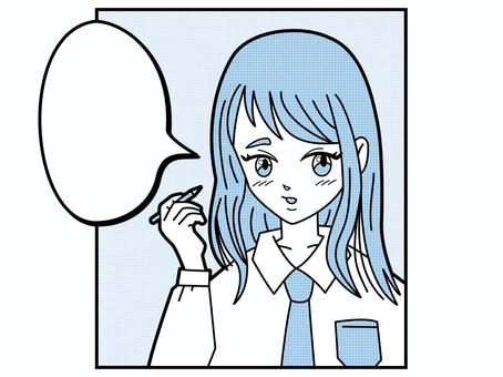 漫画風 ペンを持ってる女の子 人物,漫画,漫画風,コミック,コミック風,コマ,吹き出し,線画,手書き,女性のイラスト素材