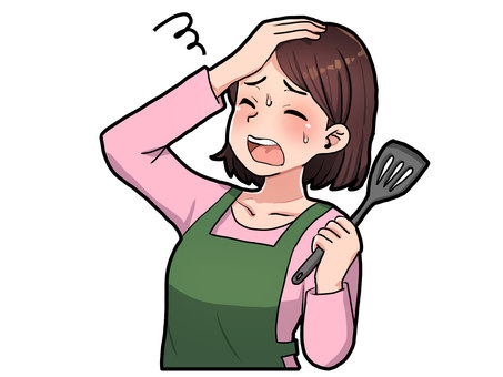 調理中にトラブル 調理,料理,失敗,トラブル,女性,エプロン,フライ返しのイラスト素材