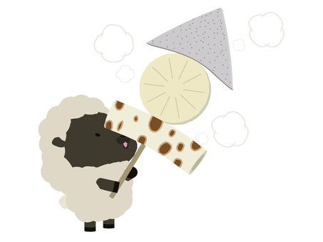 おでんを持っている笑顔の黒い羊 おでん,羊,笑顔,動物,かわいい,こんにゃく,大根,ちくわのイラスト素材