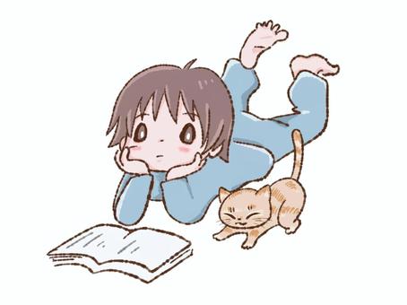 寝転んで本を読む男の子 読書,本読み,読む,本,寝転ぶ,うつ伏せ,リラックス,趣味,かわいい,猫のイラスト素材