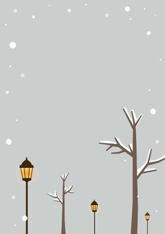 寒中見舞いやお知らせに ! 冬の景色 冬,雪,街,街路樹,街灯,街並み,冬景色,フレーム,背景,お店のイラスト素材