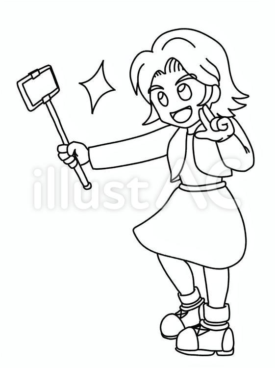 スマホのカメラで自撮りをする女の子　線画 スマホ,カメラ,自撮りのイラスト素材