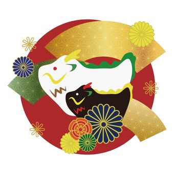 年賀状素材16 龍の張子と扇と花