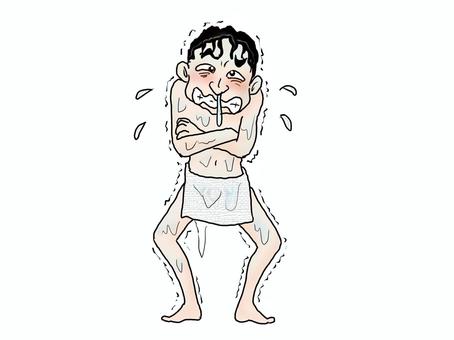 おいっ、風呂沸かしてねぇぢゃん 人物,大人,男性,裸,タオル,水浸し,ガタガタ,震え,全身,手書きのイラスト素材