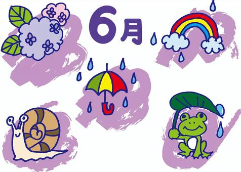 6月のイラスト 6月,雨,梅雨,カエル,蛙,かたつむり,でんでんむし,でんでん虫,雨雲,虹のイラスト素材