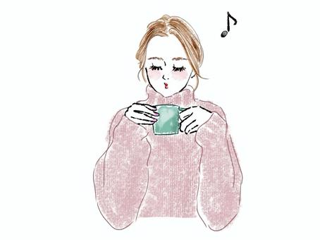 女性　コーヒー　音符　両手　持つ　ニット 女性,コーヒー,音符,頬杖,肘をつく,ほっこり,伏し目,持つ,ニット,考えるのイラスト素材