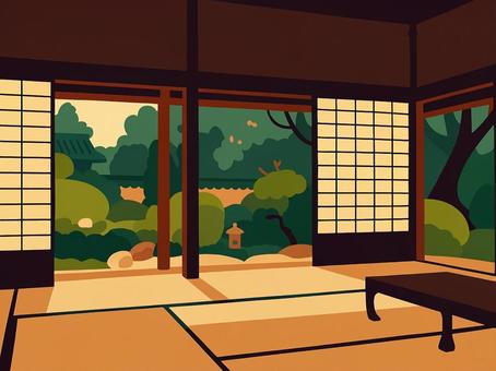 庭を望む静寂　武家屋敷の縁側 武家屋敷,お座敷,縁側,日本庭園,和風,庭,畳,障子,灯籠,イラストのイラスト素材