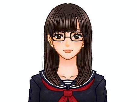 Illustration material of schoolgirl with glasses in uniform, woman high student, sailor suit, high school student, JPG and PNG