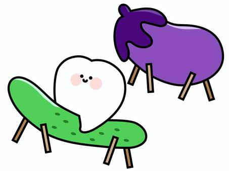 可愛い大臼歯のマスコット(お盆） 歯科,医療,大臼歯,歯,お盆,きゅうり,なす,夏,マスコット,キャラクターのイラスト素材